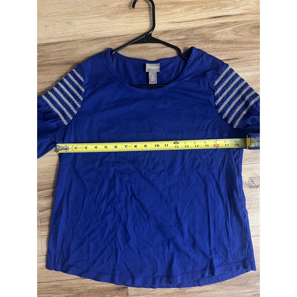 Chicos Shirt Wm LG Blue 3/4 Sleeve Smocked Shoulder Cotton Modal Top Boho Casual - Picture 5 of 10